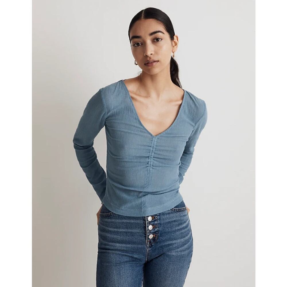 Madewell‎ Blue Semi-Sheer Shirred V-Neck Top NWT